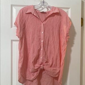 LOFT Pink Short Sleeve Button Down Shirt with Tie Front